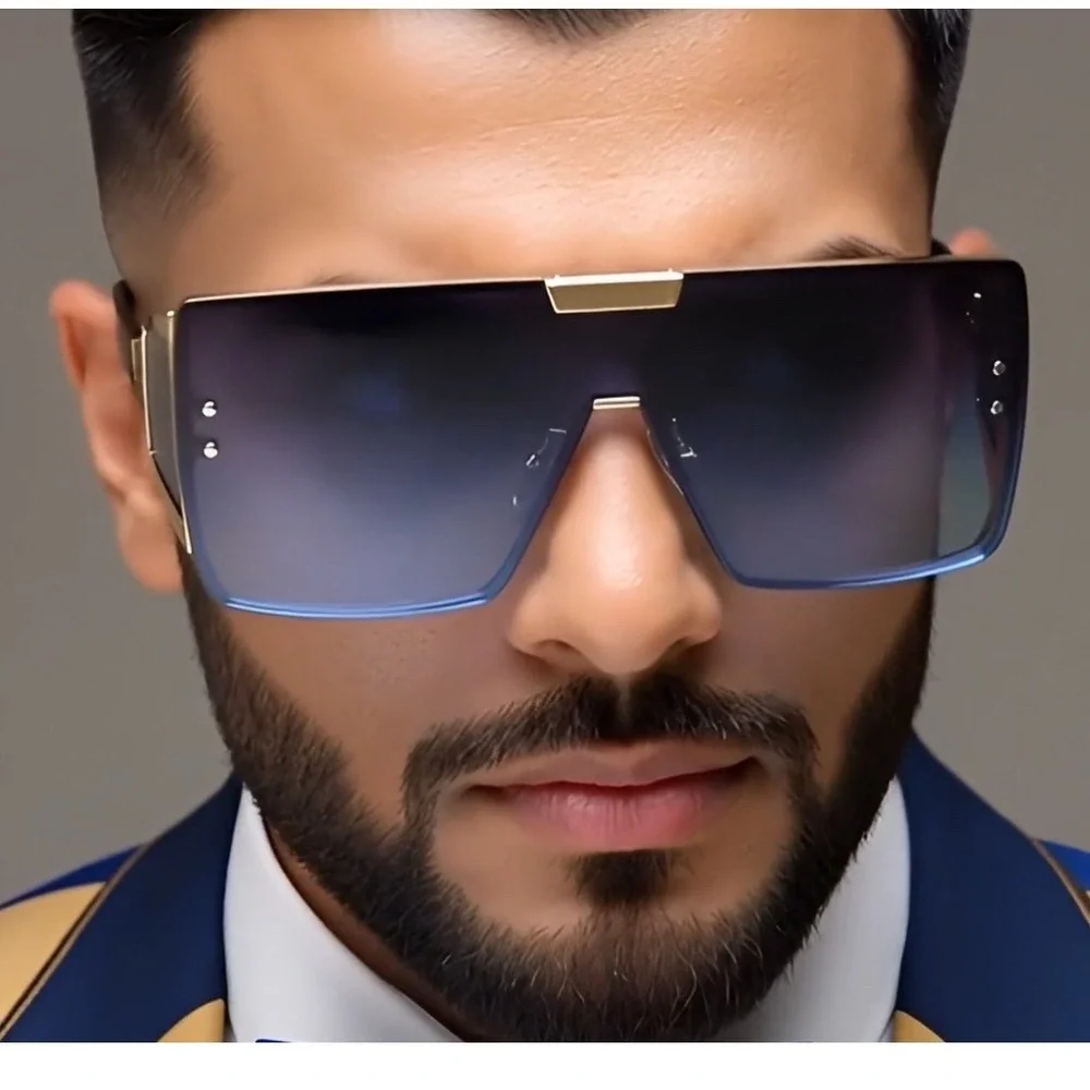 Sunglasses Men Blue Gradient Lens Oversized Rectangular Metal Hip Hop Cholo 2026